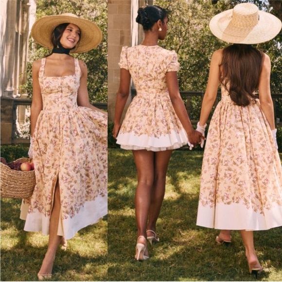 House of CB 'Alba' Honeyflower Priint Gathered Cotton Midi Dress NWOT - Picture 4 of 17